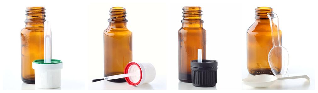Pipeta, pincel, cuentagotas y cuchara dosificadora completan los frascos de vidrio para aceites esenciales
